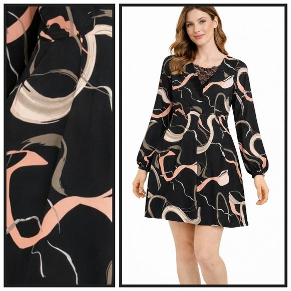 Nine West Dresses & Skirts - Nine West Long Sleeve Abstract Print Dress Black Pink XL